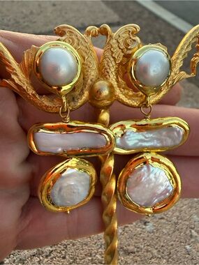 Baroque Pearl Tiered Drop Statement Earrings Gold